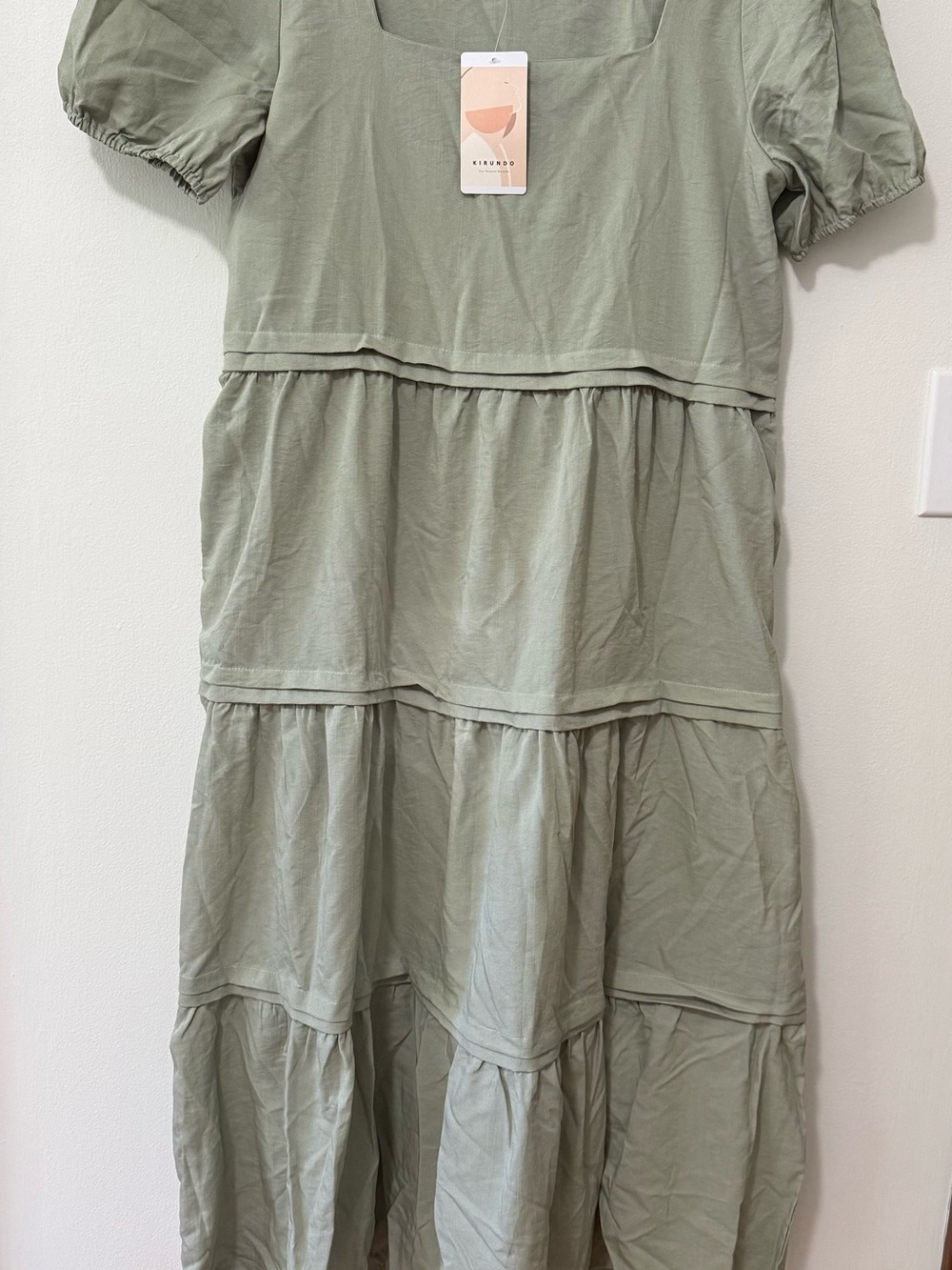 Girls Sage Green Tiered Cotton Dress with Puff Sleeves